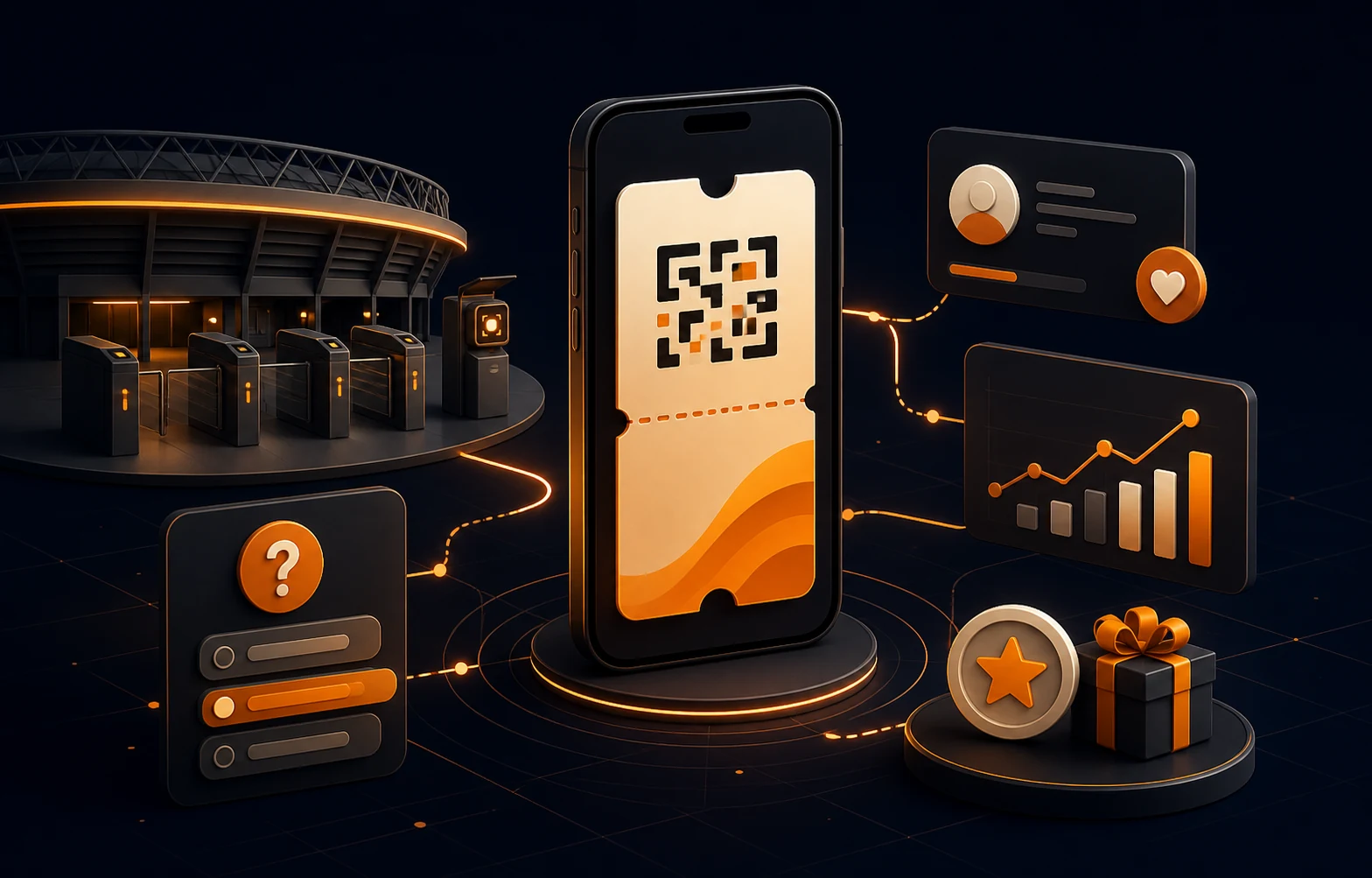 Illustration of the connected Upfan ecosystem for ticketing, entry, fan data, engagement, and rewards